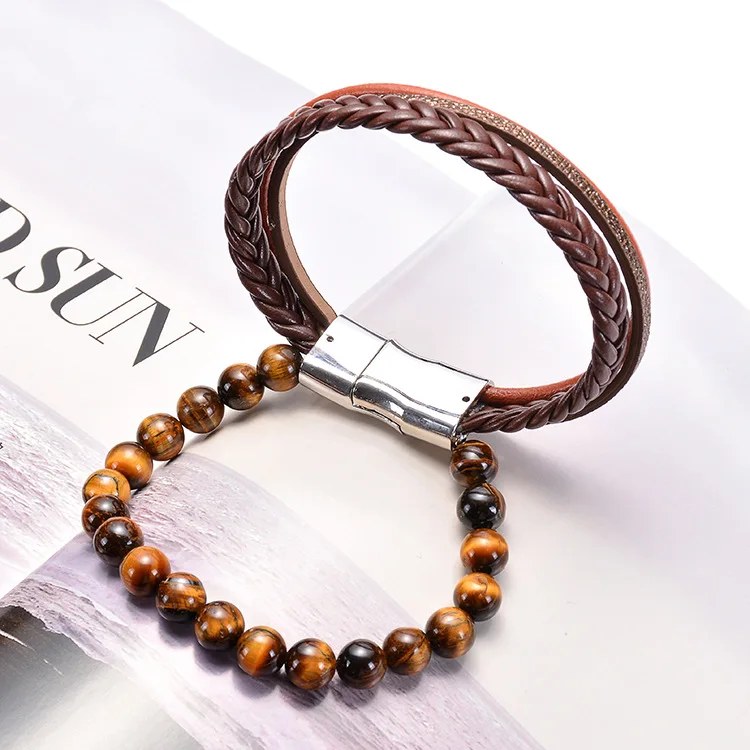 2019 НОВЫЙ мужской кожаный браслет из натурального камня 8 мм, черно-коричневый