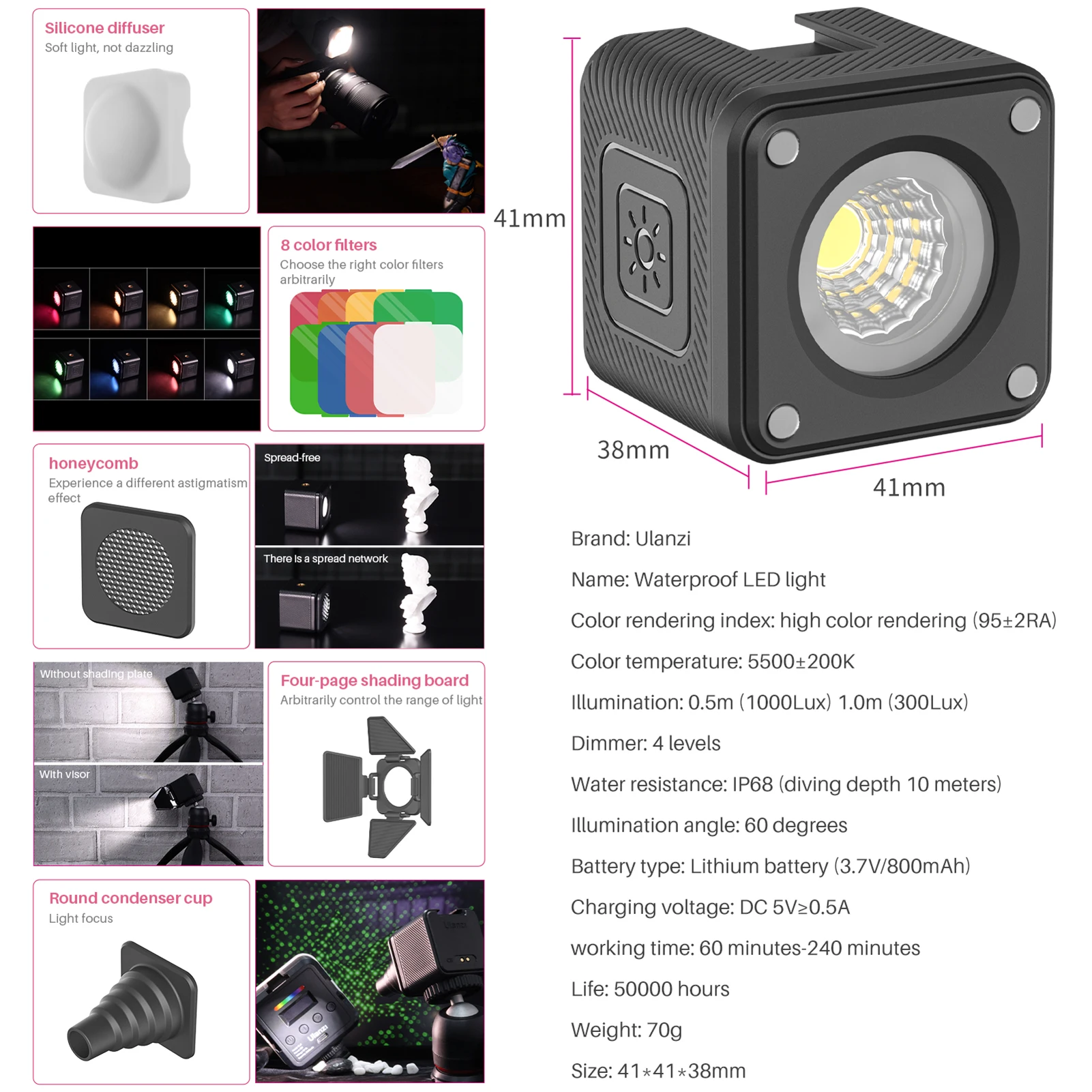 Ulanzi L2 Cute Lite Mini Video Light с Цветным Фильтром-Рассеивателем Заполняющий Свет для Фотосъемки IP68 Водонепроницаемый для Камеры Gopro 10 9 8