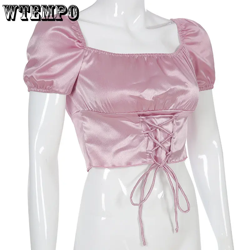 WTEMPO/ яркие атласные винтажные топы с короткими рукавами для девочек, женская мода, новые летние сексуальные розовые укороченные топы на шнуровке, уличная одежда Оптом