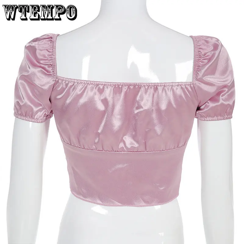 WTEMPO/ яркие атласные винтажные топы с короткими рукавами для девочек, женская мода, новые летние сексуальные розовые укороченные топы на шнуровке, уличная одежда Оптом