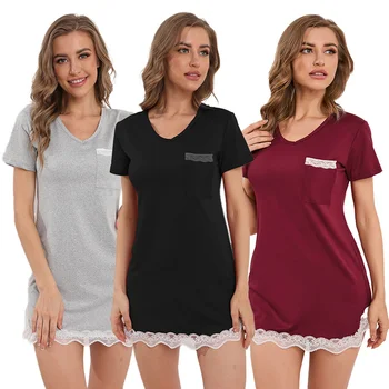 Летняя женская кружевная мини-ночная рубашка в стиле пэчворк, женская однотонная сексуальная ночная рубашка с коротким рукавом, ночная рубашка для сна