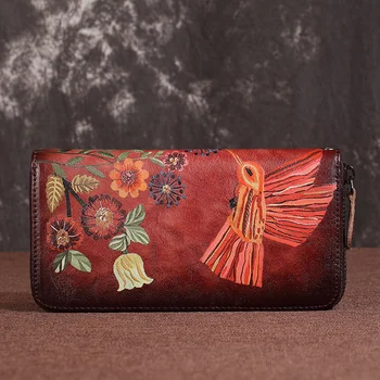 Женский длинный кошелек из натуральной кожи для денег, удобная сумка на молнии, держатель для карт, роскошный Винтажный женский клатч с изображением птицы и цветка, сумки на запястье, кошелек