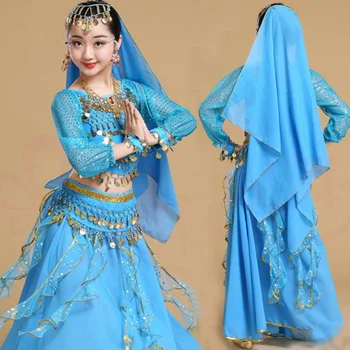 Комплект из 4 шт., костюмы для танца живота для девочек с длинным рукавом, платье для индийских танцев, детская одежда для сценических танцев, детский костюм для живота