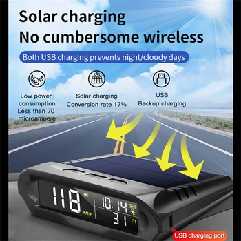 X98 Солнечный HUD для всех автомобилей Беспроводной дисплей HUD Солнечная зарядка Цифровой GPS спидометр Сигнализация превышения скорости Дисплей расстояния высоты
