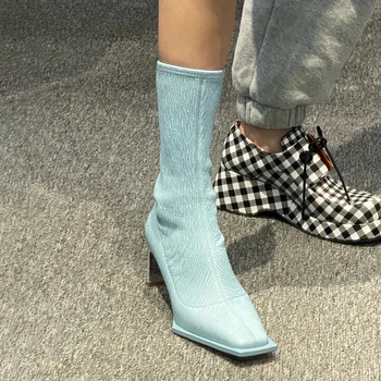 Эластичные ботинки с геометрическим рантом и квадратным носком на молнии сзади, на высоком каблуке-шпильке средней длины, модные повседневные женские тонкие туфли