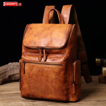 Мужской рюкзак из натуральной кожи, повседневная портативная сумка для ноутбука, винтажные школьные сумки, мужская сумка из коровьей кожи для путешествий большой емкости