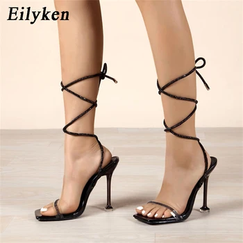 Дизайнерские прозрачные женские босоножки на шнуровке от Eilyken, Элегантные Пикантные свадебные туфли на высоком каблуке с открытым носком, кристально чистые, для свадебной вечеринки