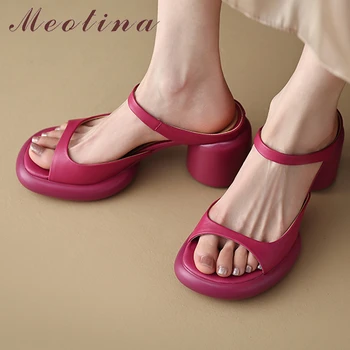 Meotina/ Женские тапочки из натуральной кожи с круглым носком, шлепанцы на платформе и высоком массивном каблуке, женская модная повседневная обувь в сдержанном стиле, лето