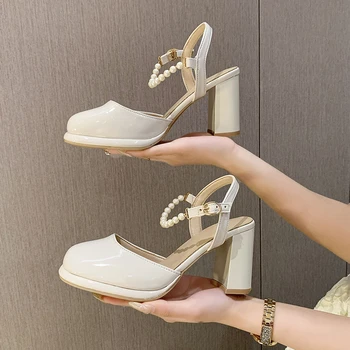 Качественная кожаная женская обувь для босоножек с ремешком и жемчужной пряжкой, туфли-босоножки на каблуке, весенне-летняя женская обувь 2023 года выпуска