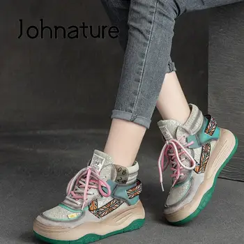 Johnature Обувь на шнуровке из натуральной кожи, женские кроссовки разных цветов, новинка 2023 года, удобные кроссовки на платформе в стиле ретро для отдыха