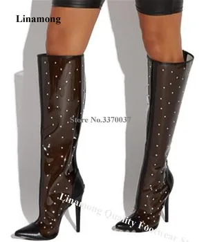 Linamong Черно-белые сапоги до колена из ПВХ со стразами, блестящие кристаллы с острым носком, Прозрачные сапоги на шпильке Большого размера