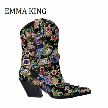 Женские ботильоны, украшенные драгоценными камнями, пикантные ботинки на блочном каблуке с острым носком и стразами, женская обувь в стиле вестерн в стиле панк, Размер 44