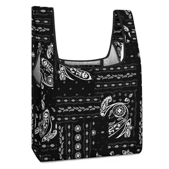 Черные сумки для покупок с ретро-принтом, водонепроницаемые складные сумки-тоут для женщин, Повседневные женские продуктовые наборы с настраиваемым рисунком
