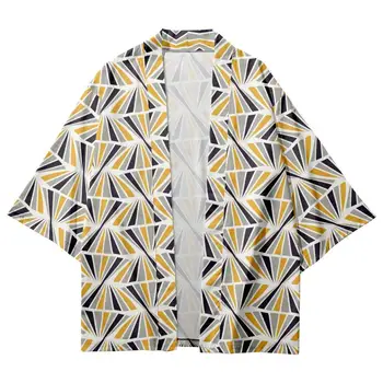 Летние Мужские Женские кардиганы свободного покроя, цветные геометрические узоры, японские кимоно с принтом, пляжные шорты, одежда Юката, Harajuku Haori