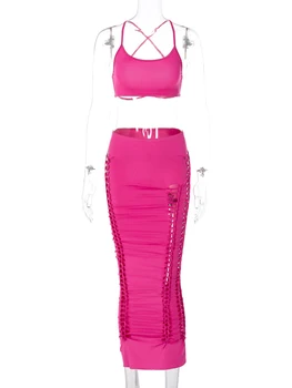 Сексуальный комплект одежды из 2 предметов Для женщин, укороченный топ с открытой спиной и длинная юбка, Комплекты для ночного клуба, праздничный наряд 2023 Лето