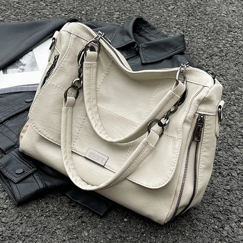 Женская квадратная бежевая сумка через плечо, большая металлическая застежка-молния, женские сумки через плечо для пригородных поездок, женская сумка для покупок с верхней ручкой