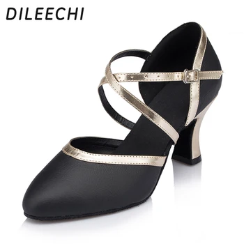 Туфли для современных латиноамериканских танцев DILEECHI, женские туфли для бальных танцев, черные кожаные вечерние осенние и зимние туфли для квадратного танца.