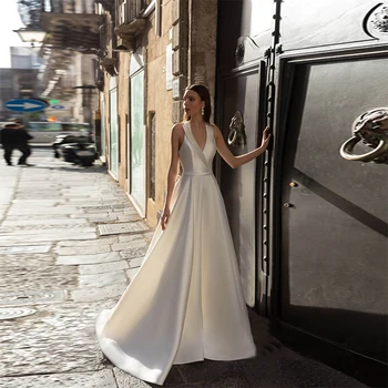 Свадебное платье без рукавов с V-образным вырезом, атласное платье с открытой спиной, простые пуговицы в пол, Роскошное свадебное платье Robe De Mariée