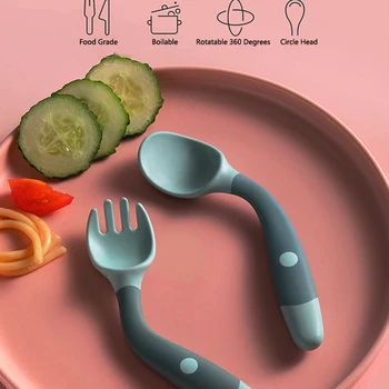 Силиконовая детская ложка-вилка, вспомогательное питание, набор посуды для обучения еде малышей, Гибкая Посуда для кормления младенцев