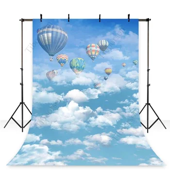 Фон для дня рождения девочки и мальчика Воздушные шары Голубое небо Белые облака Детский душ на берегу моря Виниловый фон для фотосъемки Фотостудия