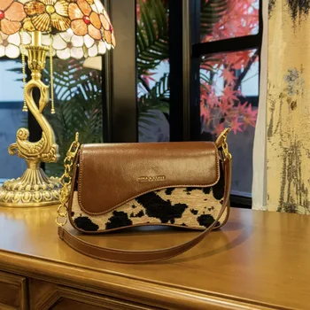 Легкая роскошная сумочка с рисунком коровы в стиле ретро Кожаная женская сумка 2023 года, новая сумочка Advanced Feeling, сумки на одно плечо, Sac Gg Cc