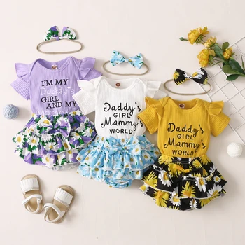 FOCUSNORM 3 Цвета Комплекты одежды для новорожденных Девочек 3 шт. Комбинезон с оборками в виде букв с коротким рукавом, Шорты с цветочным рисунком, Повязка на голову