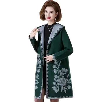 Осенне-зимняя мода для мам С капюшоном и принтом, Удобное Темпераментное пальто, Свободное Шерстяное пальто большого размера в западном стиле, женское