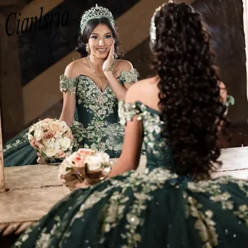 Зеленое бальное платье с открытыми плечами, пышные платья 2023 Sweet 16 Princess, вечерние платья с аппликацией, Vestido De 15 Anos