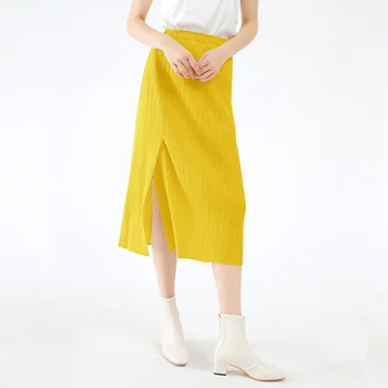 Плиссированная Прямая юбка Miyake с разрезным подолом Корейская мода Плюс Размер Юбки Женская Повседневная Эстетическая одежда