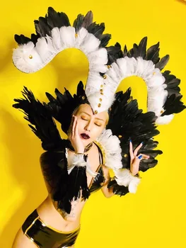 Черно-белое перо наряд Сексуальный джазовый танцевальный костюм женщины вечеринка девушка кожаная одежда певицы танцовщицы