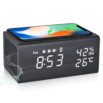Цифровой будильник JINSUN, Bluetooth-динамик с беспроводным зарядным устройством, температура и влажность, Модный стиль звука из дерева