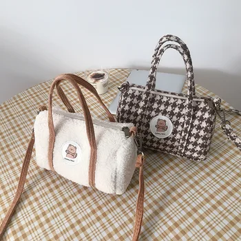 Женская маленькая Бостонская сумка Cute Bear, шерстяная вельветовая сумка через плечо, маленькая сумочка, плюшевые сумки через плечо, тканевая сумочка на молнии для девочек