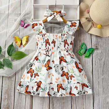 Платье для новорожденной девочки с цветочным принтом в виде бабочки, платье без рукавов с цветочным принтом 2023, летняя модная одежда для маленьких девочек