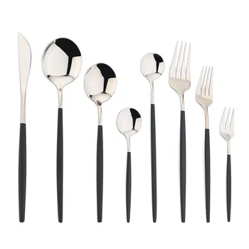 Набор посуды с зеркальной черной ручкой, серебряный нож, вилка, десертная Ложка, набор столовых приборов, столовое серебро из нержавеющей стали, столовые приборы для ужина