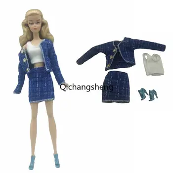 Модный комплект одежды для куклы в синюю клетку 11,5 дюймов для Барби, одежда для кукол Барби, аксессуары, верхнее пальто, юбка, обувь, кукольный домик 1/6 Игрушки