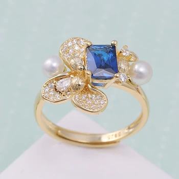 Аксессуары с жемчугом, серебро S925 пробы, синий цирконий, 4-5 мм, кольцо с двойной бусинкой, кольцо для переноски, кольцо для регулировки, кольцо для переноски, пустой держатель