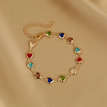 Винтажный браслет-цепочка золотого цвета для женщин, Красочный браслет-подвеска в виде хрустального сердца и бабочки, Свадебная вечеринка, Модные ювелирные изделия, подарки