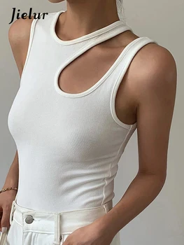 Повседневная Белая Женская футболка с вырезом Jielur, круглый вырез, без рукавов, Корейские тонкие футболки, Женская одежда, Летняя мода 2022 года