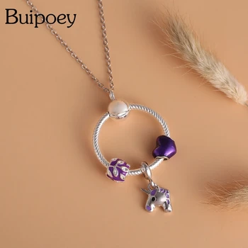 Buipoey/ Новое ожерелье с подвесками в виде единорога, расшитого бисером в виде фиолетового сердца, Ожерелье с подвесками в виде листьев для женщин, оригинальный ювелирный подарок для девочек на воротник
