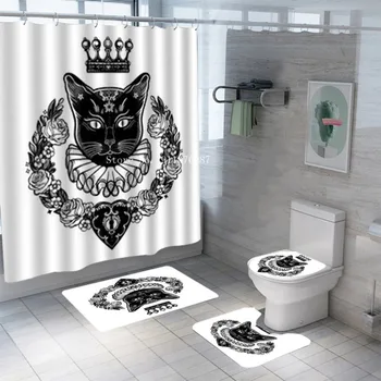 Хэллоуин Черный кот Ванная комната Занавеска для душа Водонепроницаемые занавески в ванной с набором крючков Мягкий коврик для ванны Туалетный ковер Коврики