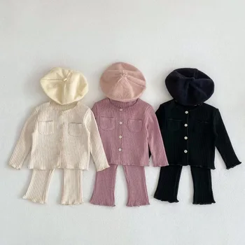 Детская одежда Повседневная одежда в весенне-осеннюю полоску для новорожденных, состоящая из двух частей, детское пальто, куртка, костюм