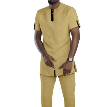 Мужской комплект африканской традиционной одежды Bazin Riche, рубашки и брюки с коротким рукавом, комплект из 2 предметов, одежда дашики, блузка на заказ