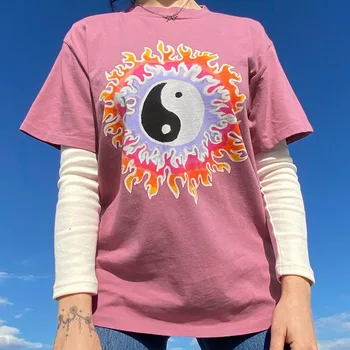 2021 Flame Graphic Tee, женские футболки, негабаритная футболка с круглым вырезом, повседневные Свободные летние футболки, топы, Летняя уличная одежда для девочек в корейском стиле