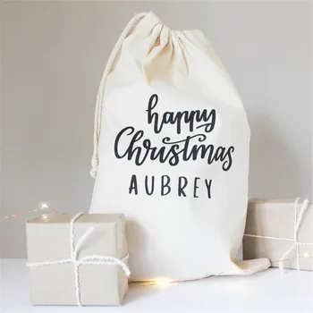 Сумка в канун Рождества, персонализированный мешок Санта-Клауса, Рождественский чулок, изготовленная на заказ сумка на шнурке, Холщовая подарочная сумка с Рождеством и Новым годом