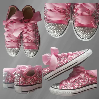 Розовая парусиновая обувь с низким верхом, расшитая жемчужными стразами, удобная обувь для ходьбы, вулканизированная обувь ручной работы со стразами 35-46