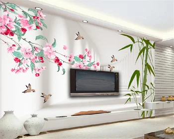 Современное 3D трехмерное пространство, бамбук, бегония, цветы, летающие птицы, гостиная, ТВ-фон, стены, украшения для дома, обои