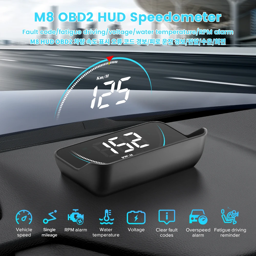 Автоматический Головной Дисплей M8 HUD OBD 2 II Автомобильный Спидометр Hud Автомобильный Проектор С Сигнализацией Превышения Температуры воды и Четким Кодом Неисправности